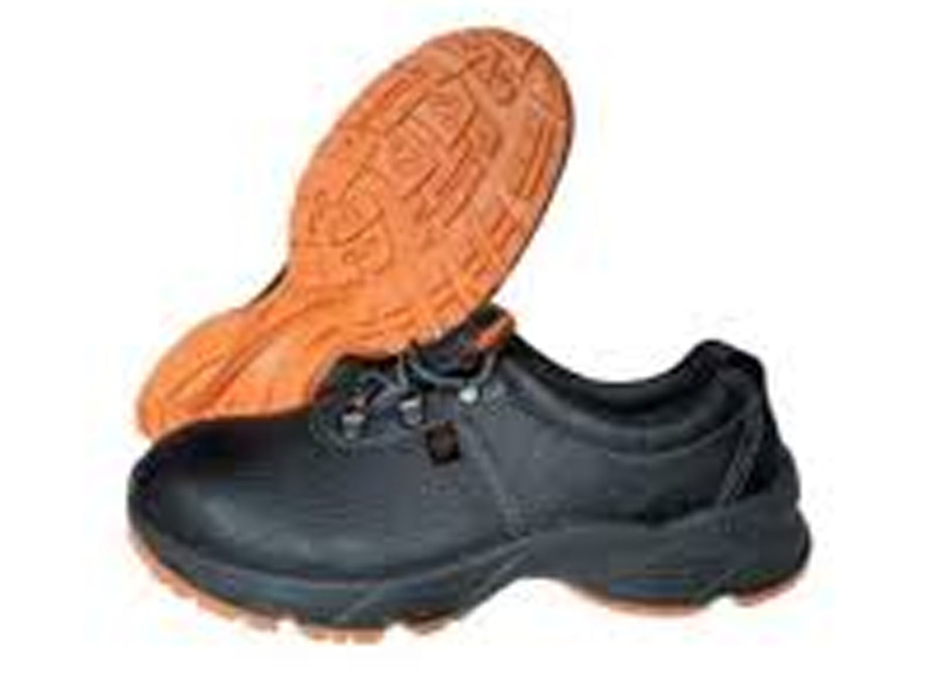 Black safety shoe with orange sole on a white background