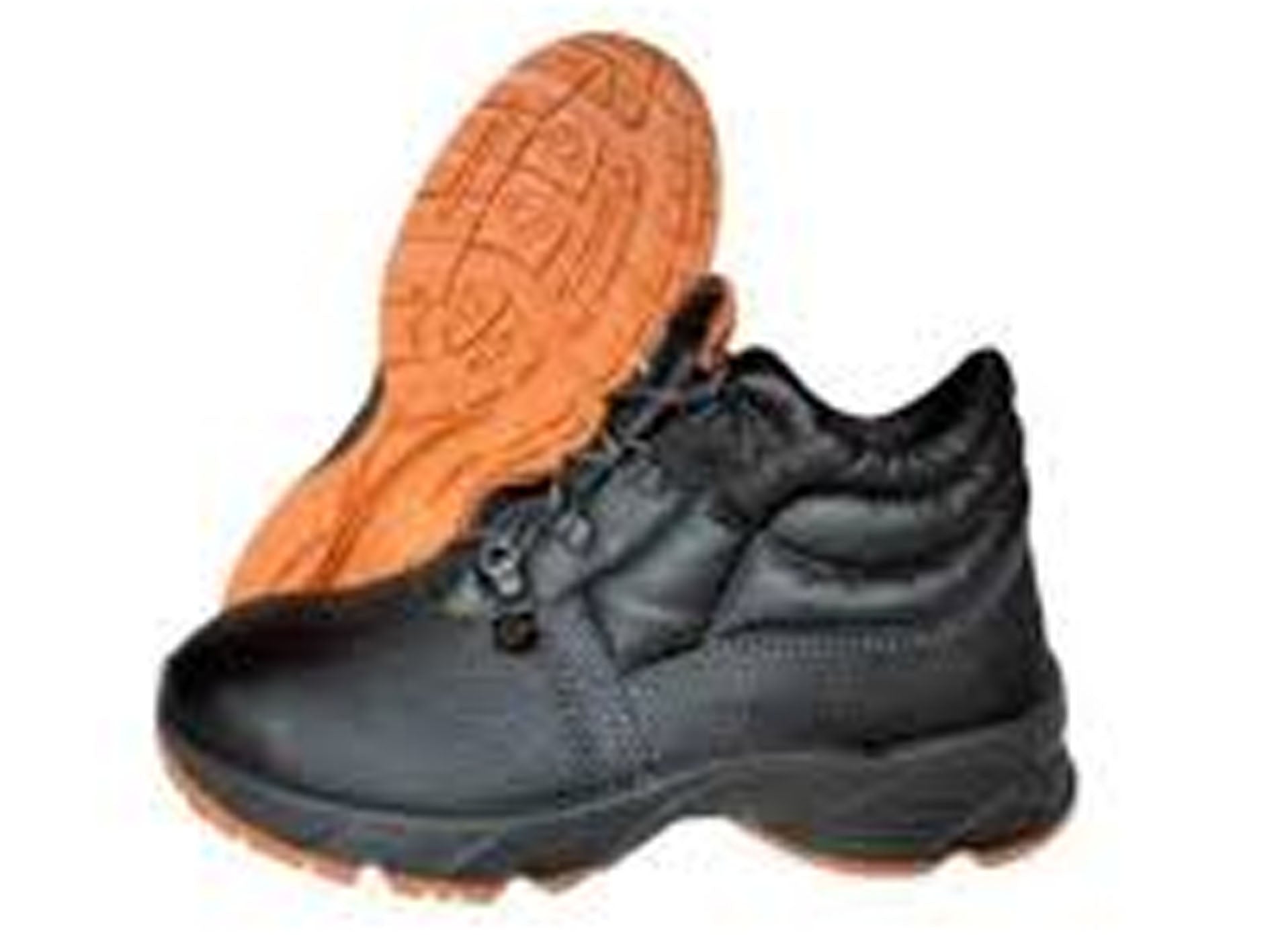 Black safety shoe with orange sole on a white background