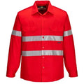 Red work shirt with reflective stripes on a white background