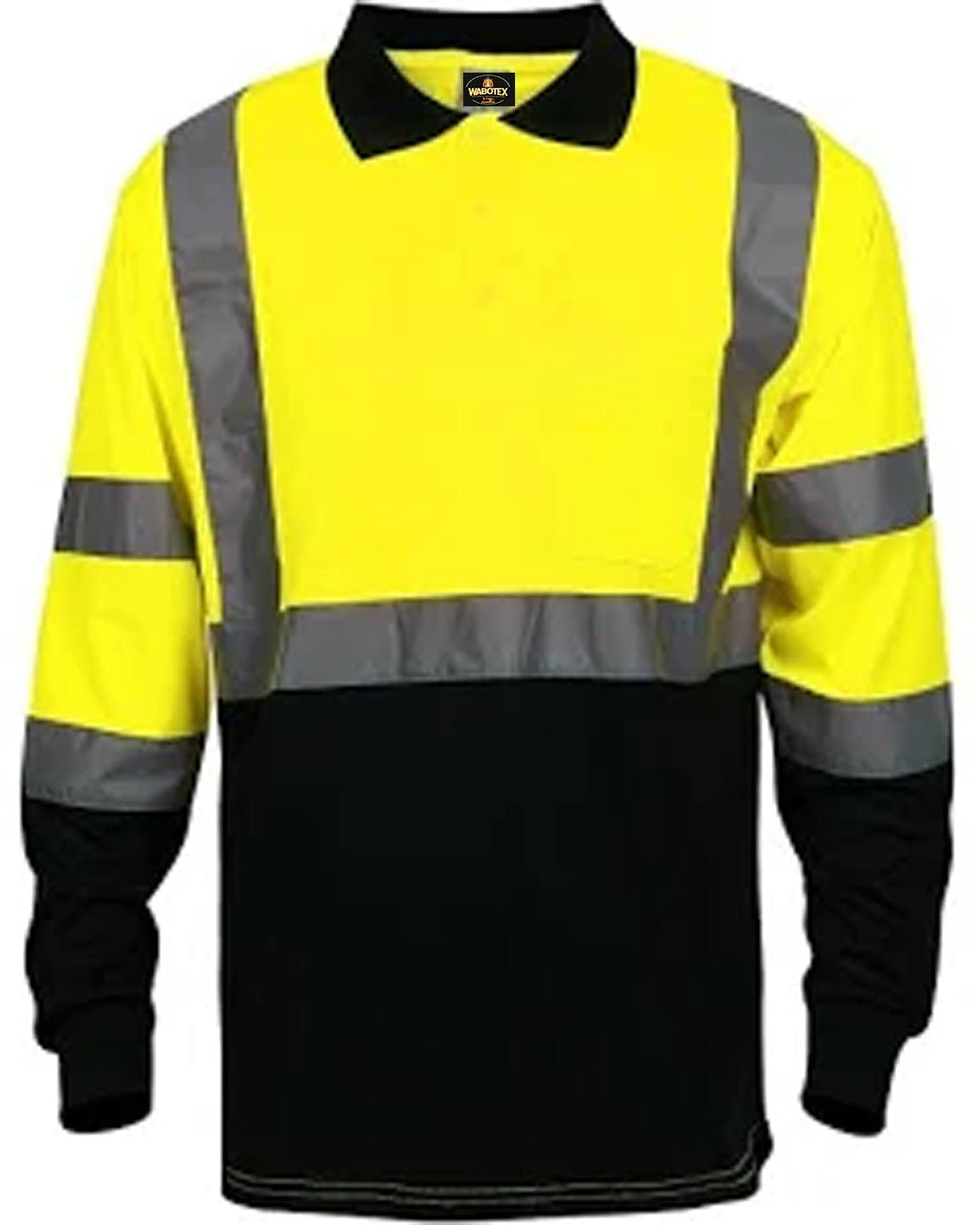 Yellow and black long-sleeve shirt with reflective stripes on a white background