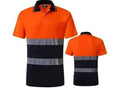 Orange and black polo shirt with reflective stripes on a white background