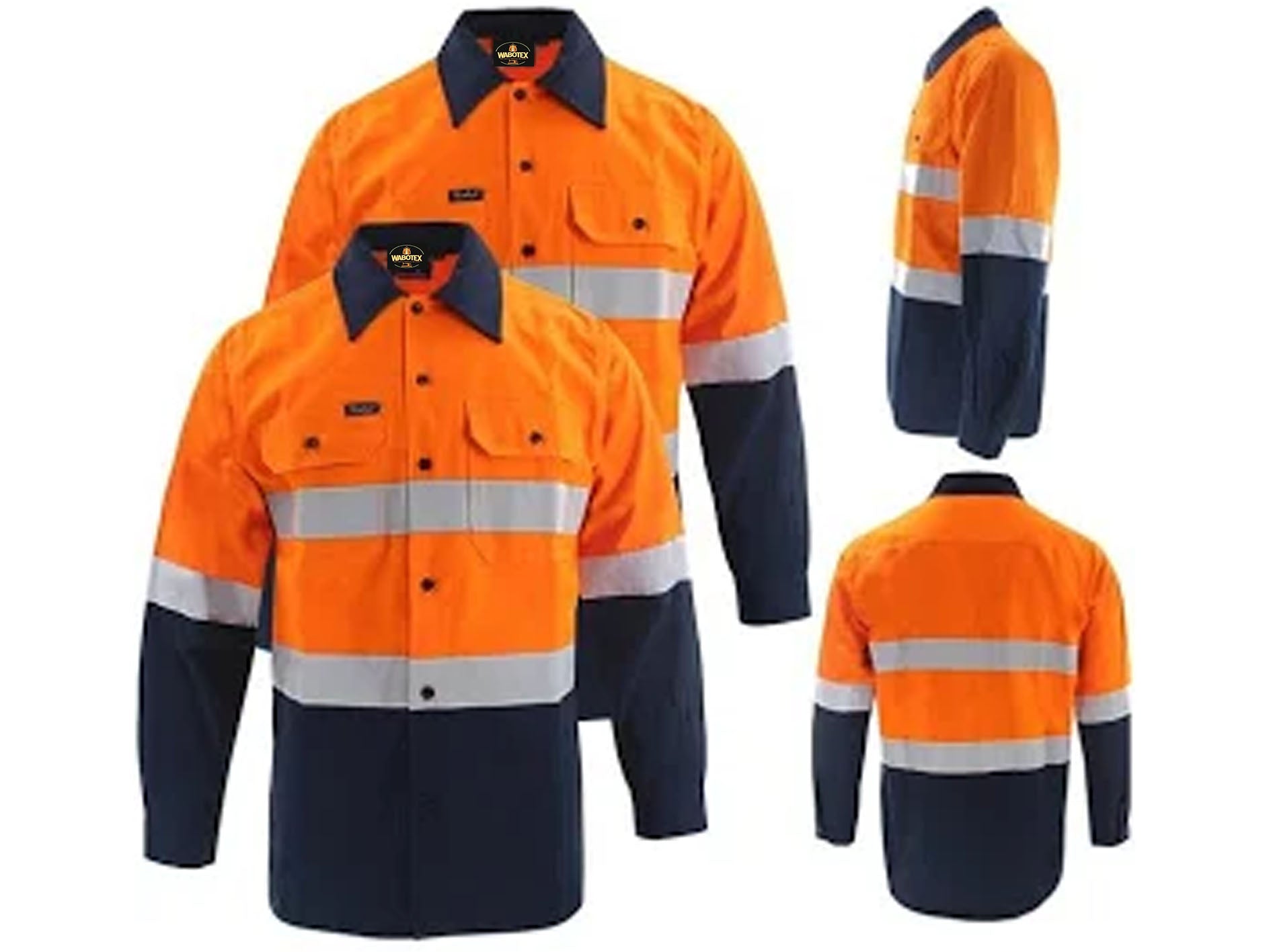 Orange and navy work shirt with reflective stripes on a white background