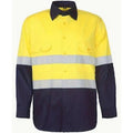 Yellow and navy work shirt with reflective stripes on a white background