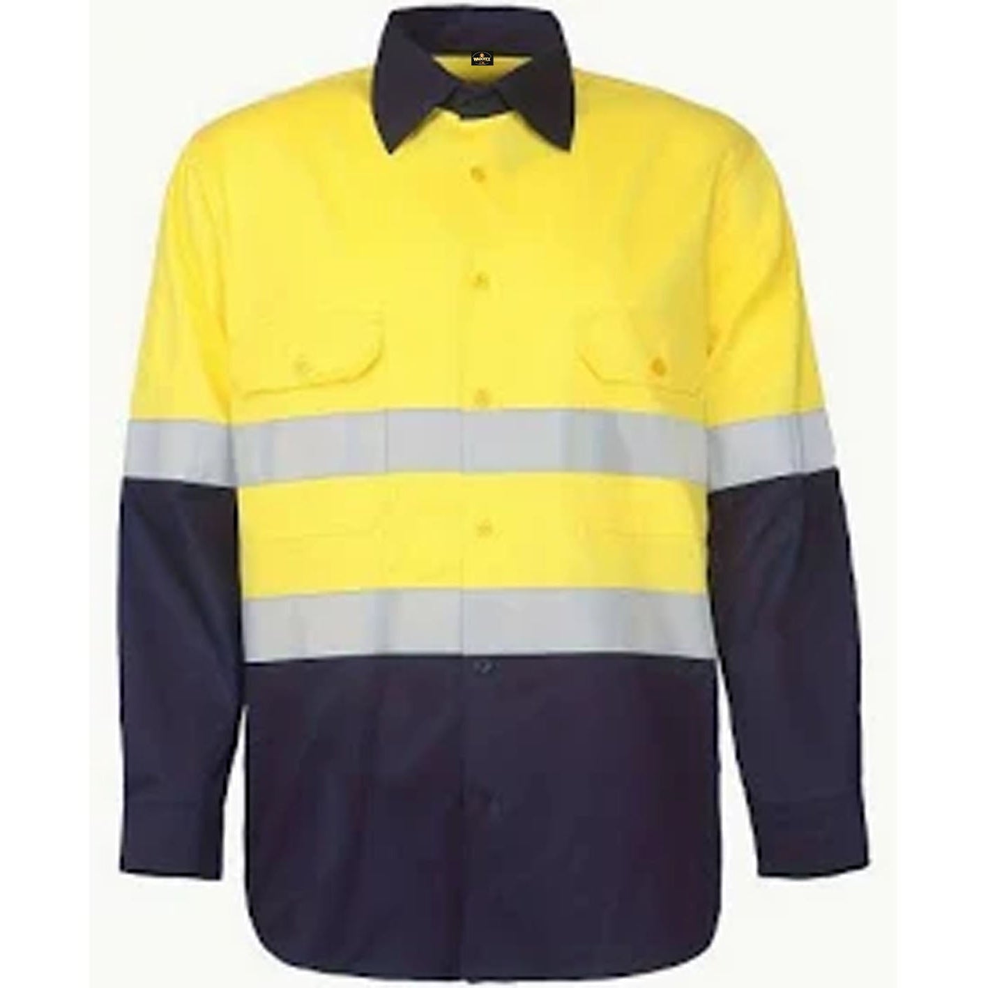 Yellow and navy work shirt with reflective stripes on a white background