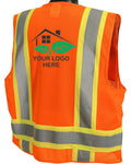 An orange high-visibility safety vest with reflective silver stripes and yellow trim, shown from the back. The back features a customizable graphic with a house icon, green leaves, and the text 'YOUR LOGO HERE'.