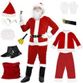 Collection of Santa Claus costume pieces including suit, hat, boots, and accessories on a white background.