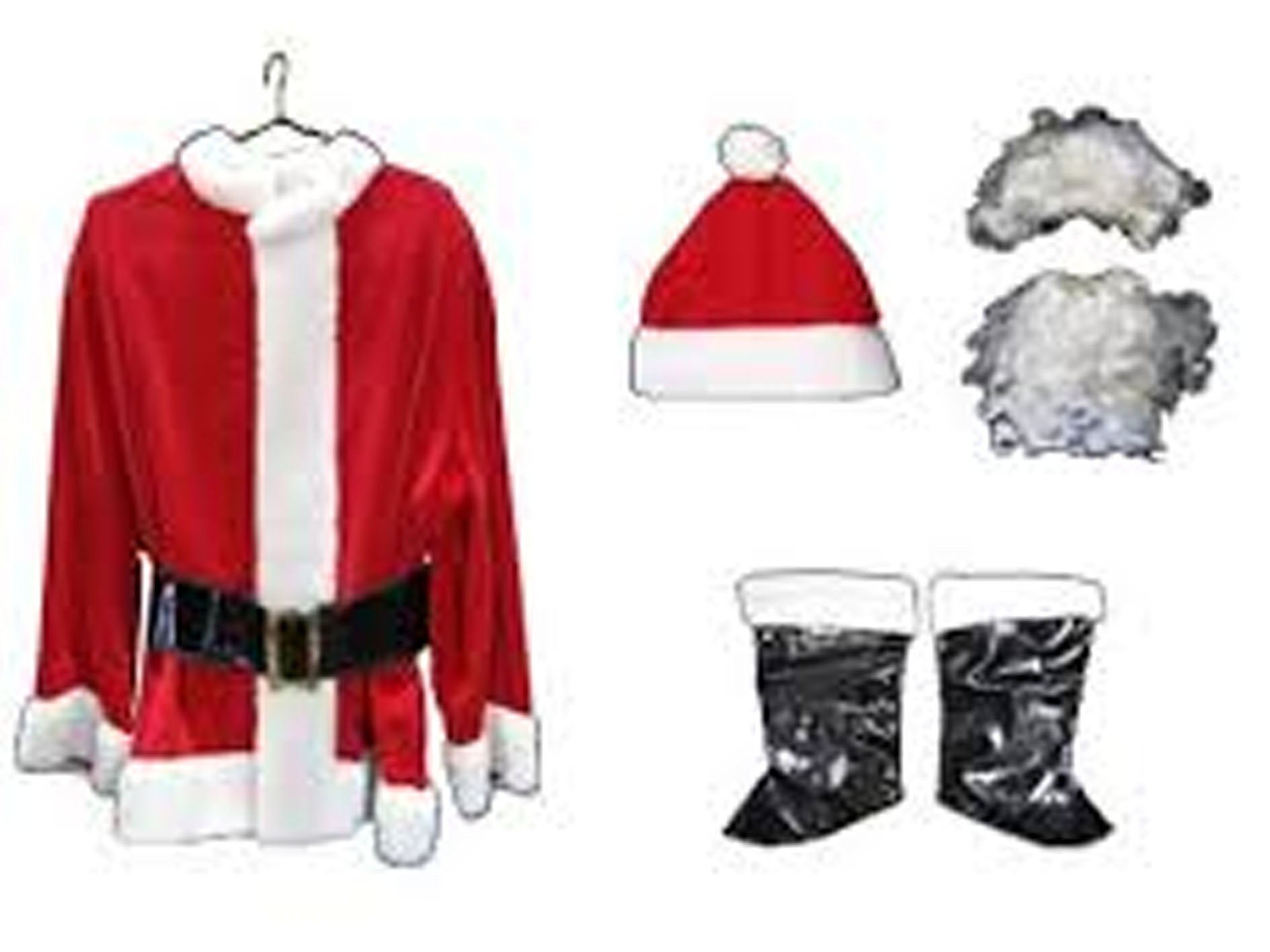 Santa Claus costume set with coat, hat, boots, and beard on a white background