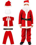 Red Santa Claus costume with hat, shirt, pants, and belt on a white background