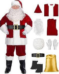 Santa Claus costume set with various components on a white background