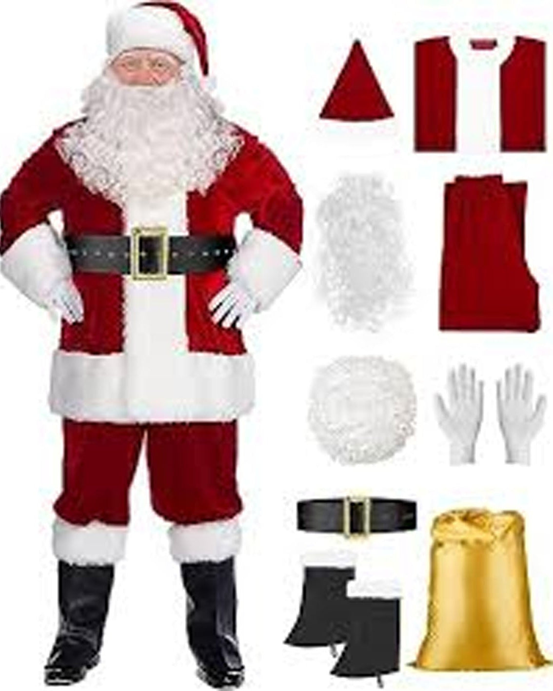 Santa Claus costume set with various components on a white background