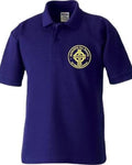 A royal blue short-sleeve polo shirt with a gold circular cross emblem printed on the left chest, displayed on a solid white background.