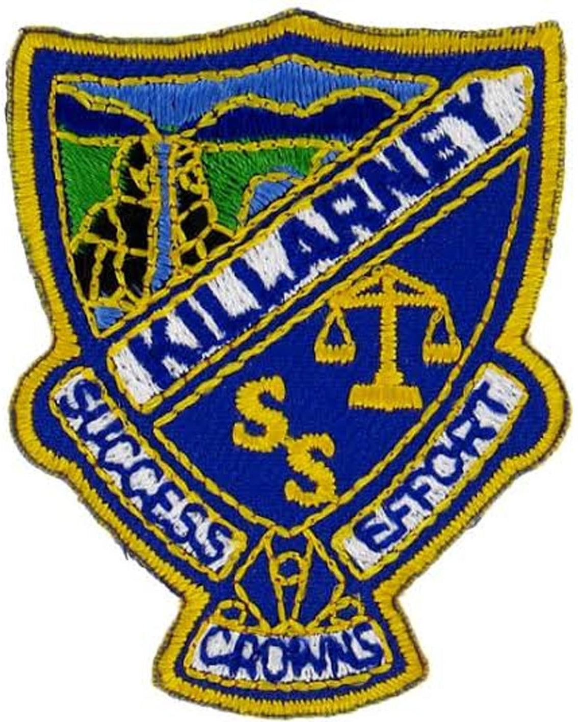 An embroidered shield-shaped patch with a blue background, yellow border, and multicolor details including green, white, and black. The patch features the text 'KILLARNEY', 'SUCCESS EFFORT', 'CROWNS', and 'SS' with a golden scale of justice.