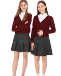 Two young girls modeling matching school uniform sets consisting of a maroon cardigan over a white collared shirt and a dark gray pleated skirt, against a plain white background.