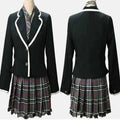 A school uniform costume set shown from both front and back views on a mannequin. The set includes a black blazer with white piping, a matching plaid pleated skirt in purple, black, and white, and a patterned tie.