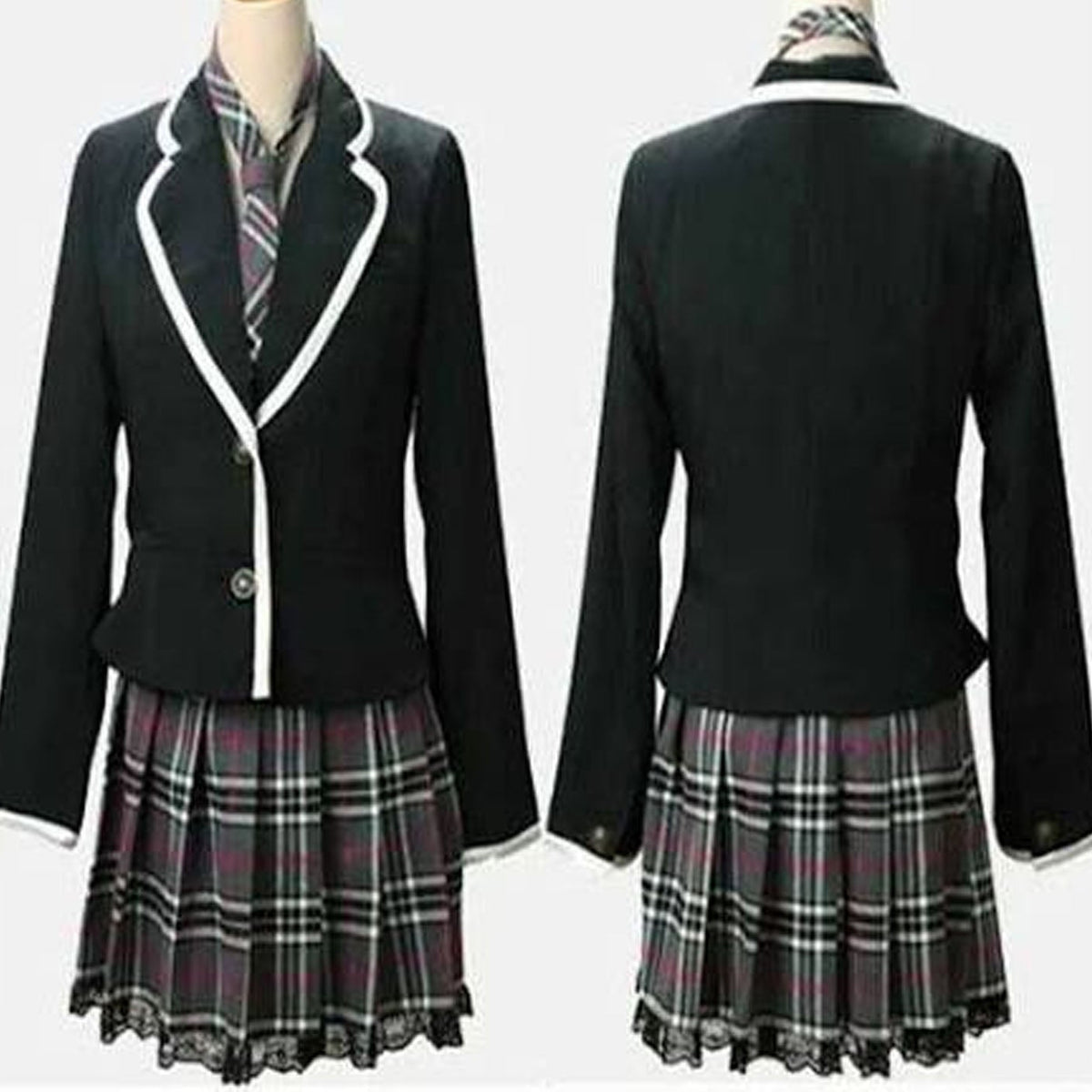 A school uniform costume set shown from both front and back views on a mannequin. The set includes a black blazer with white piping, a matching plaid pleated skirt in purple, black, and white, and a patterned tie.