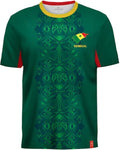 Green sports jersey with geometric pattern and Senegal flag on a white background