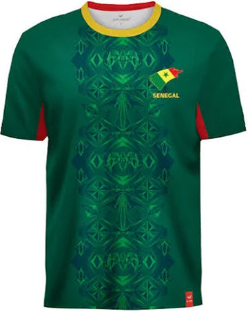 Green sports jersey with geometric pattern and Senegal flag on a white background