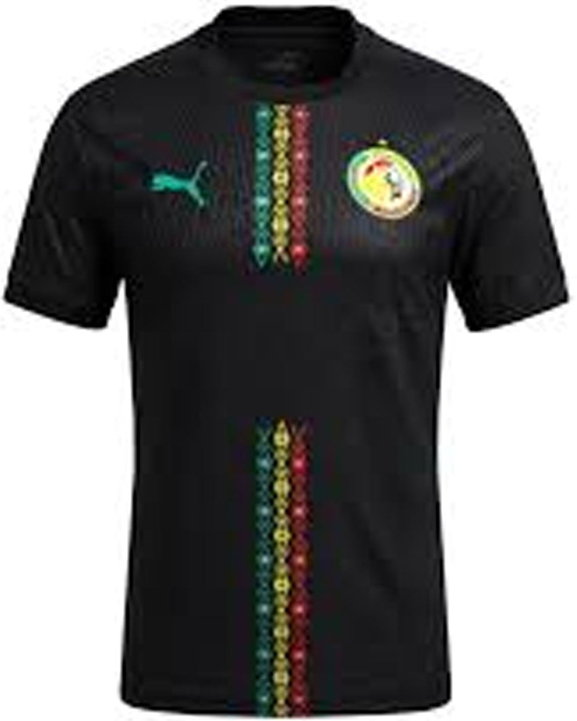 Black sports jersey with colorful patterns and a logo on a white background