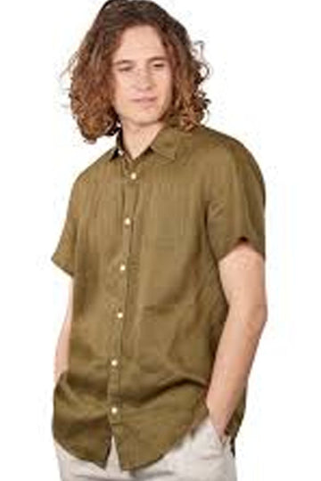 Man wearing a green button-up shirt on a white background
