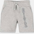 Light heather gray sweat shorts with a white drawstring and vertical 'GIVE' text printed on the left leg.