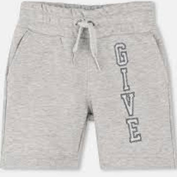 Light heather gray sweat shorts with a white drawstring and vertical 'GIVE' text printed on the left leg.