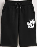 Black sweat shorts with a white graphic logo on the left leg, featuring an elastic waistband with a drawstring.