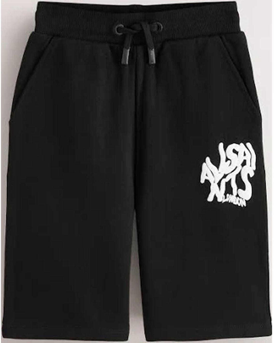 Black sweat shorts with a white graphic logo on the left leg, featuring an elastic waistband with a drawstring.