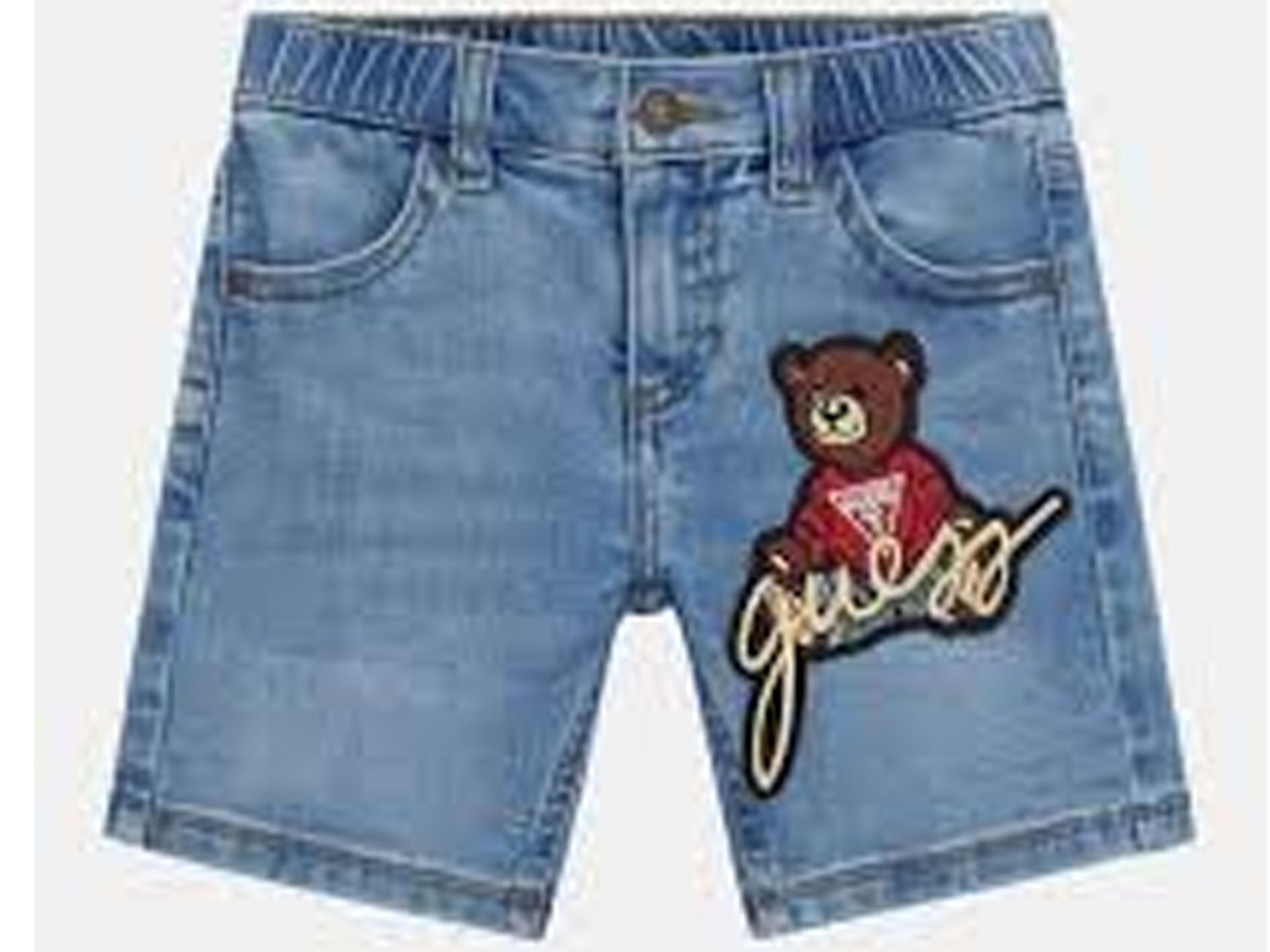 Light blue denim shorts featuring an embroidered teddy bear wearing a red Guess hoodie and a large 'Guess' script patch on the left leg, shown against a plain white background.