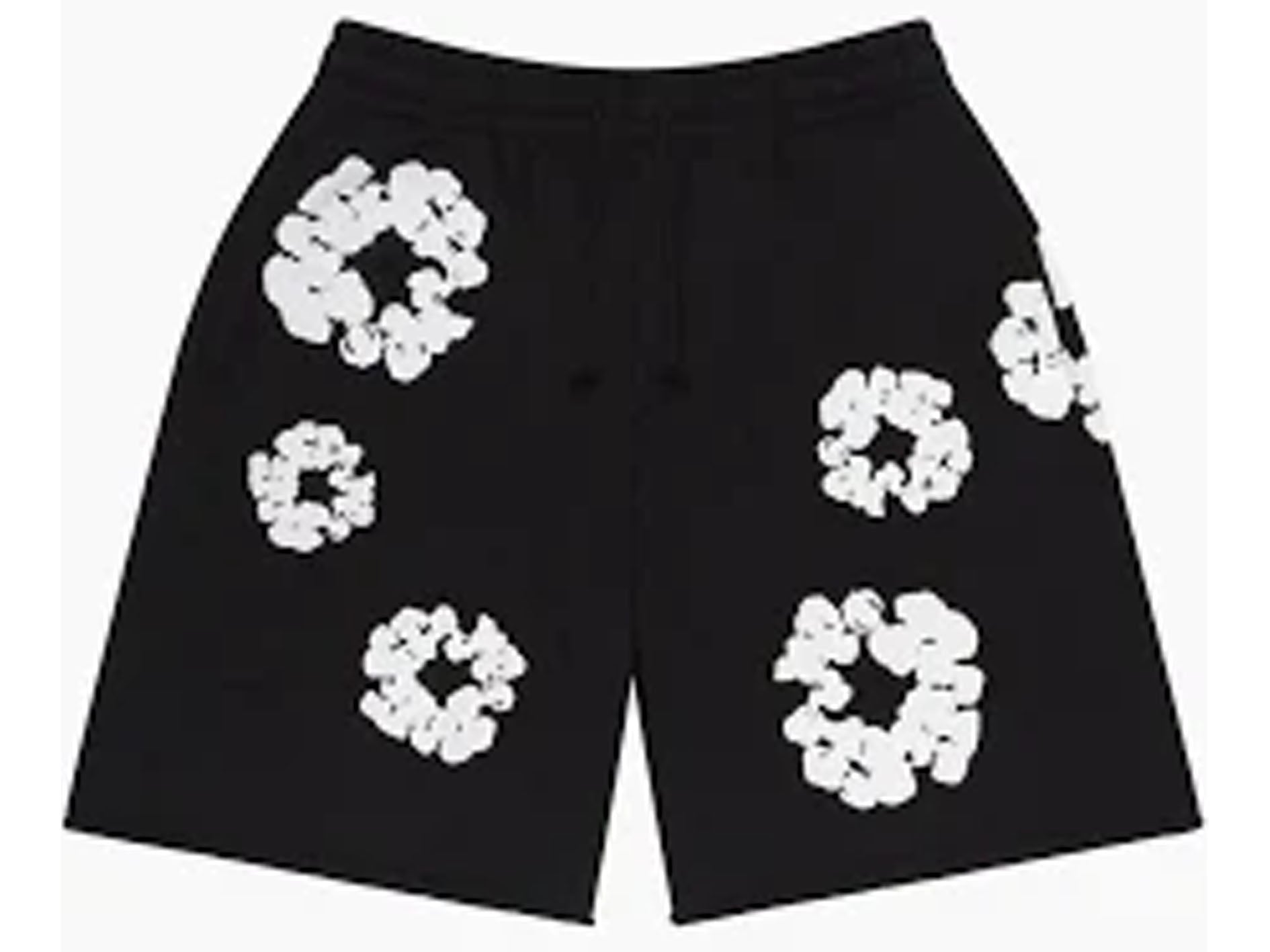 Black shorts with white floral ring patterns, featuring an elastic waistband and drawstring.