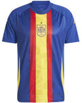 Soccer jersey with blue, red, and yellow design on a white background