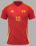 A red short-sleeve soccer jersey with yellow shoulder stripes, yellow side accents, a yellow number 10 on the front, and a Spain crest on the chest, shown on a plain gray background.