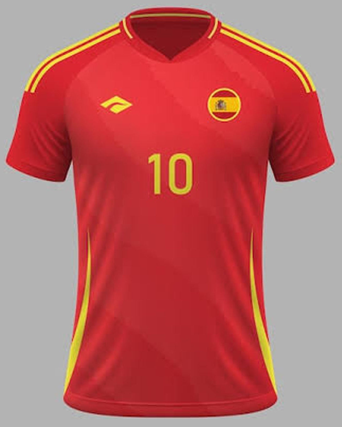 A red short-sleeve soccer jersey with yellow shoulder stripes, yellow side accents, a yellow number 10 on the front, and a Spain crest on the chest, shown on a plain gray background.