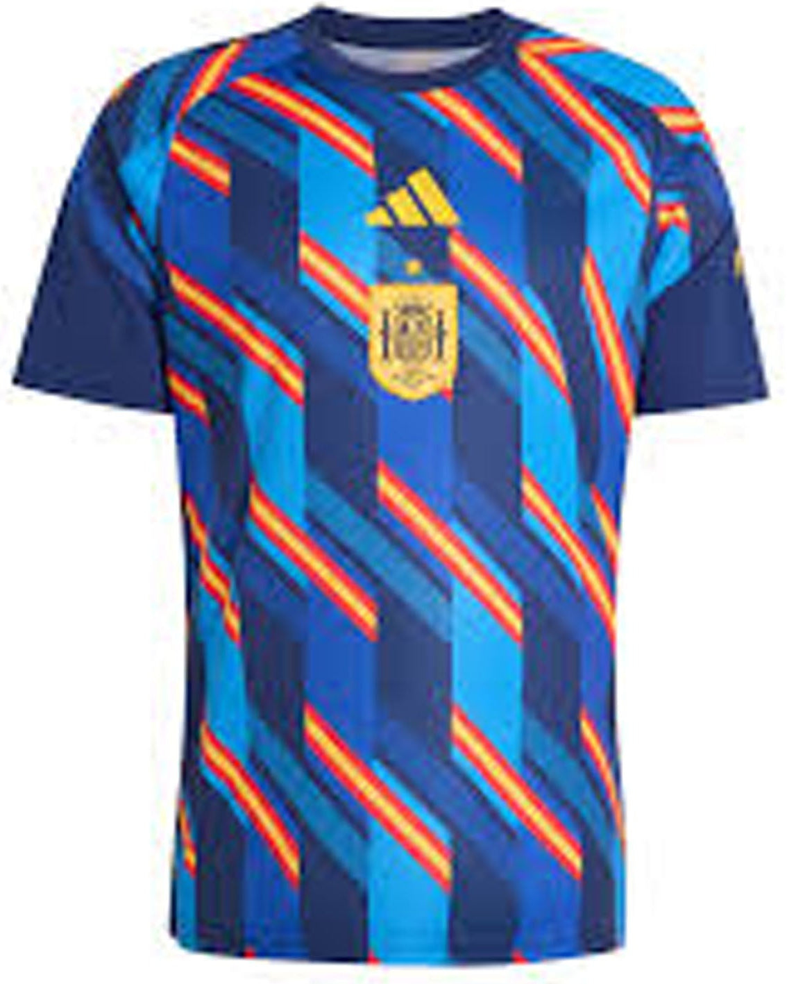A short-sleeve soccer jersey featuring a geometric pattern of blue, navy, and orange stripes, with the Spain national team crest and Adidas logo on the chest, set against a plain white background.
