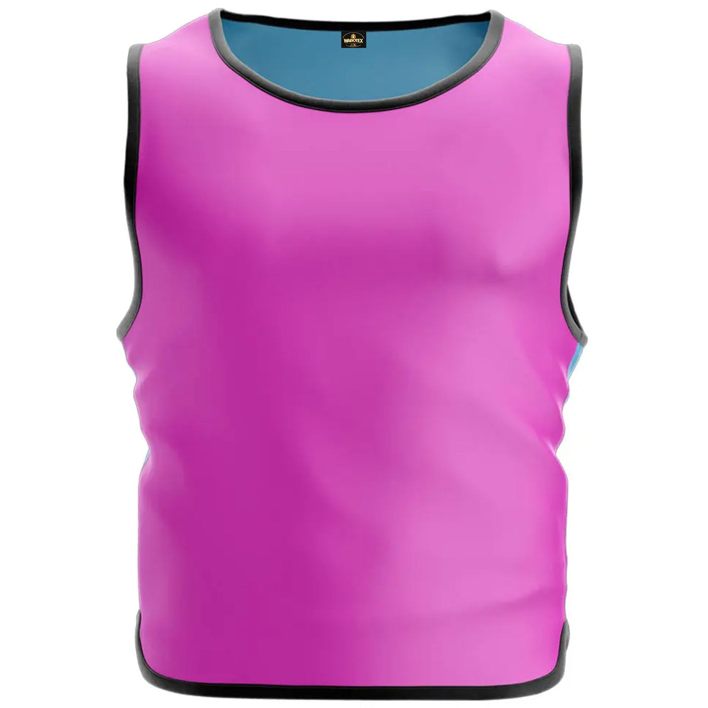 Purple sleeveless shirt with black trim on a white background