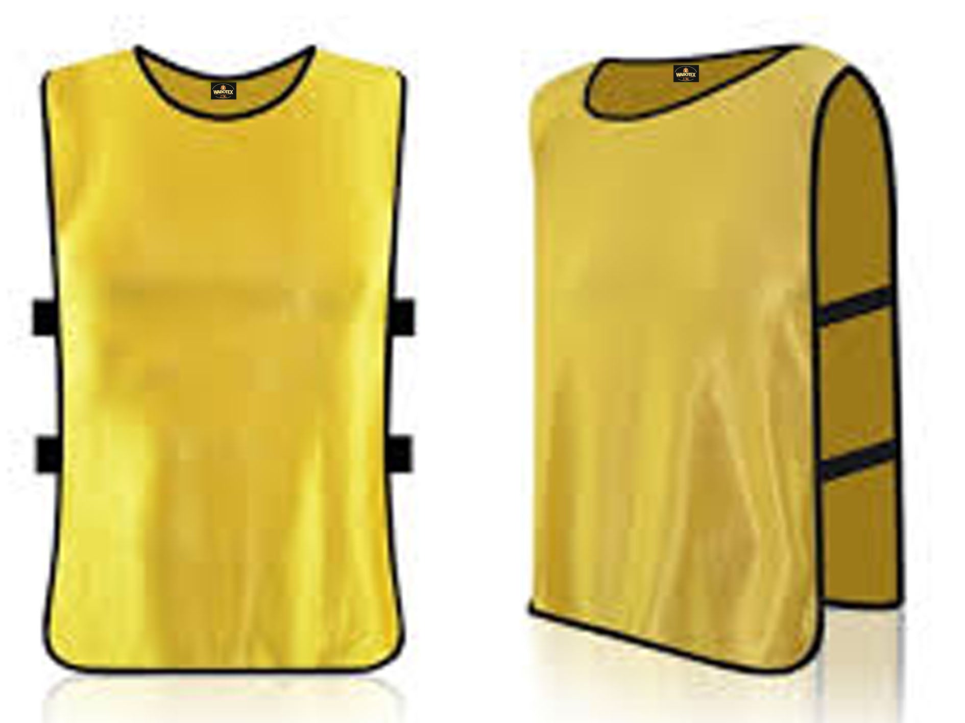 Two yellow bibs with black trim on a white background