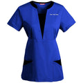 Blue scrub top with customizable text on a white background