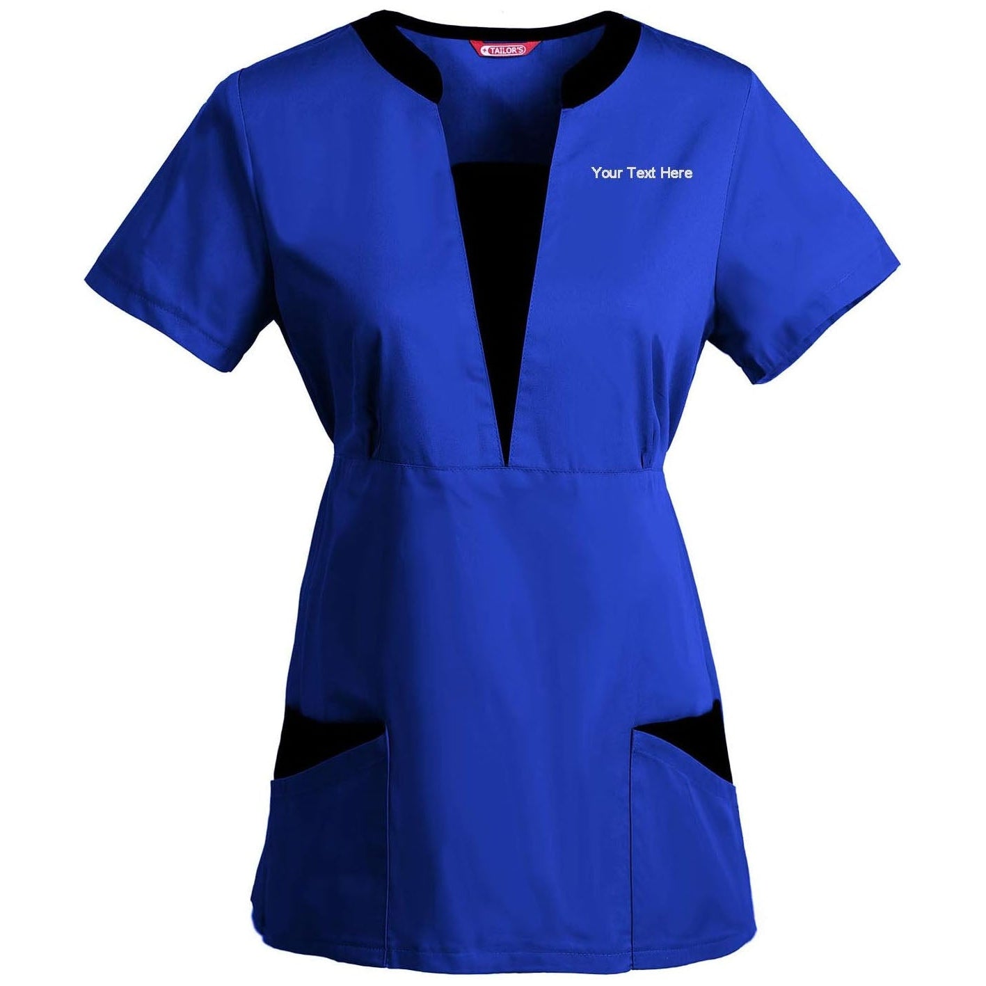 Blue scrub top with customizable text on a white background