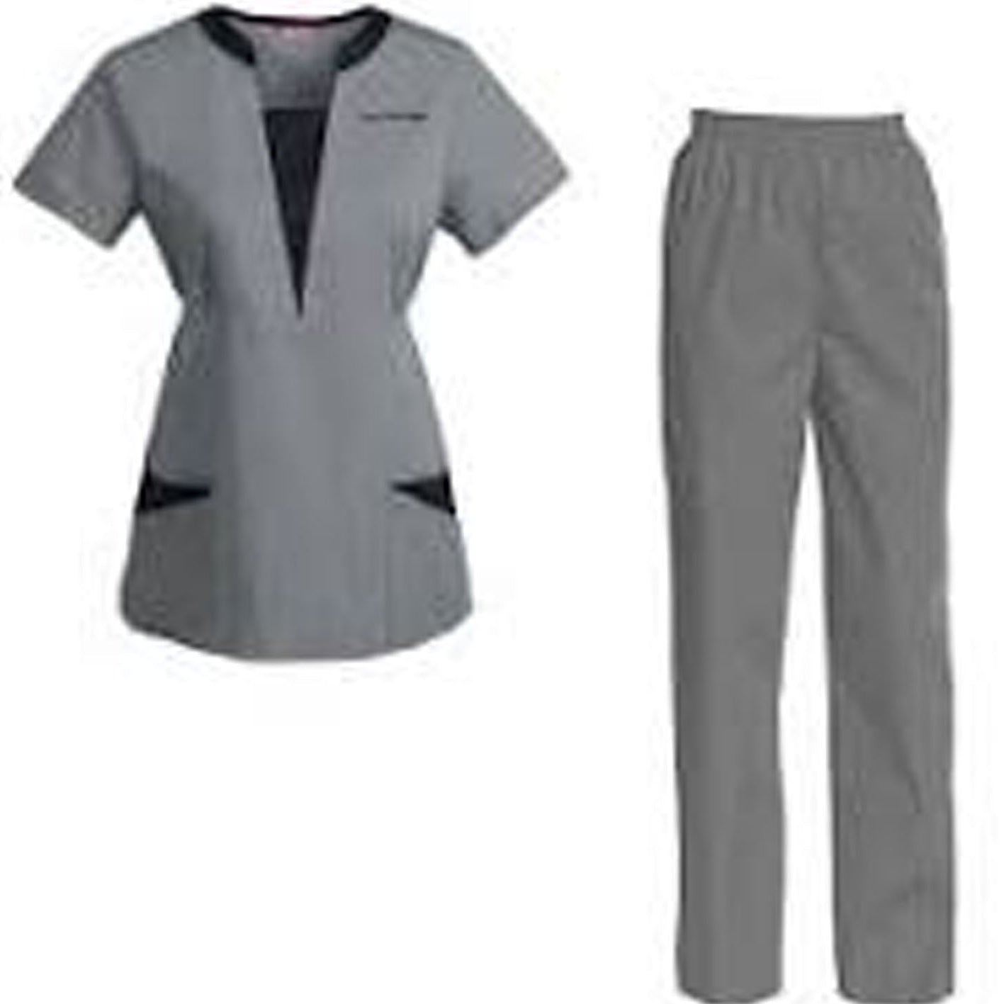 Gray scrub set with a top and pants on a white background