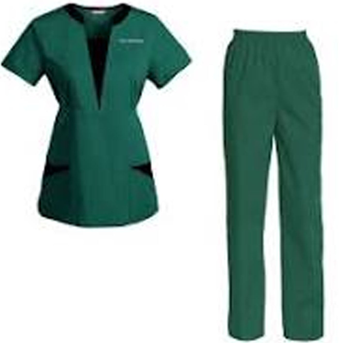 Green scrub set with top and pants on a white background