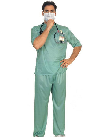A man modeling a light green medical scrub set with a matching face mask, stethoscope, and ID badge against a plain white background.