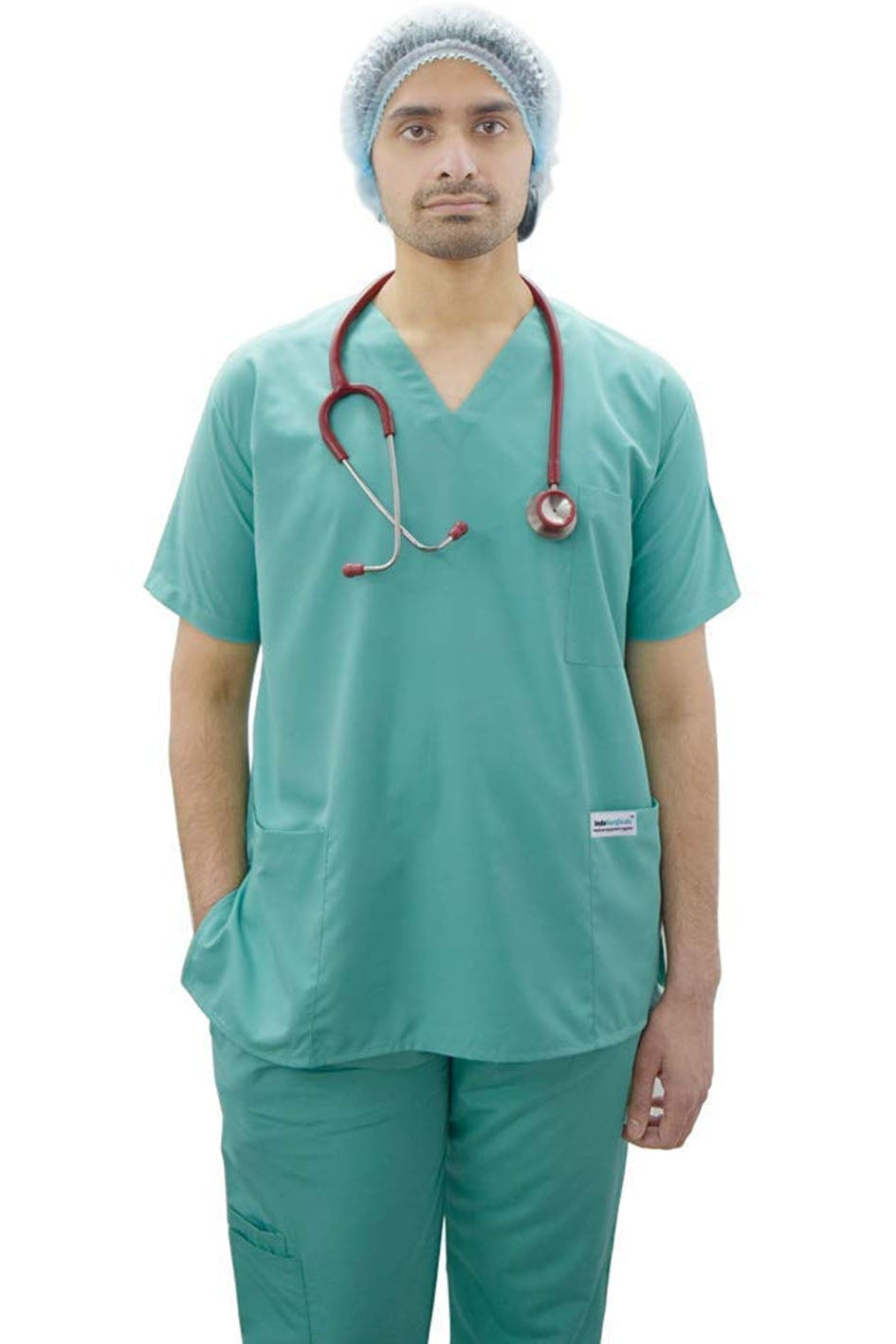 A man wearing teal-green medical scrubs, including a V-neck top, matching pants, a light blue surgical cap, and a red stethoscope around his neck, standing against a plain white background.