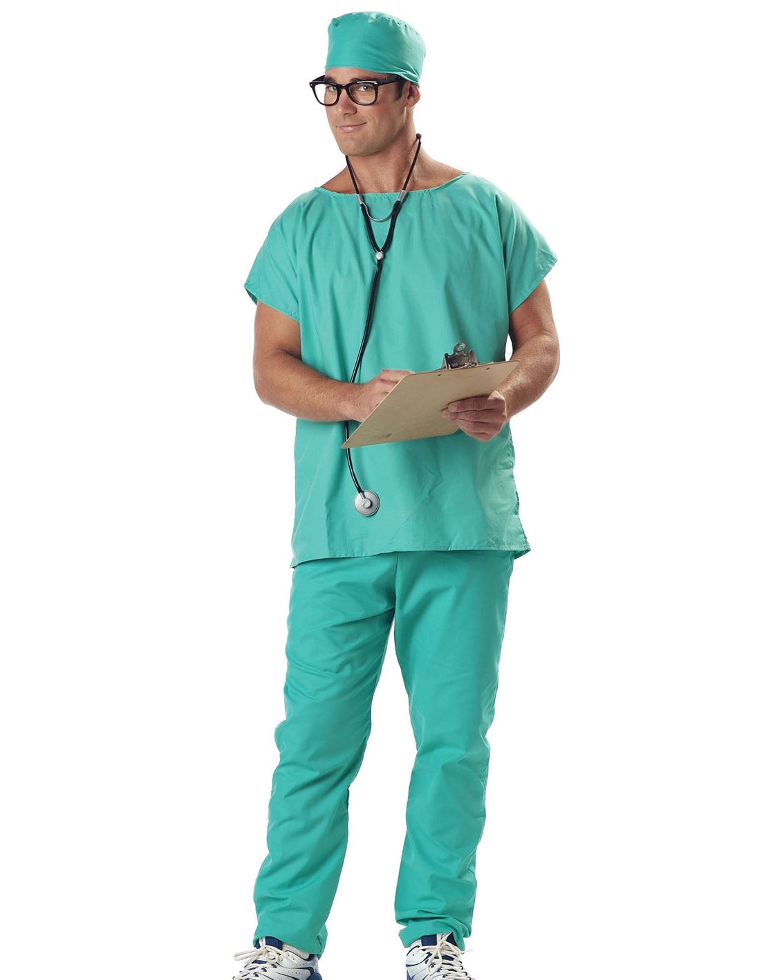 A man wearing a teal green medical scrub set with a matching scrub cap, glasses, and a stethoscope, holding a clipboard and standing against a white background.
