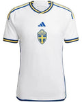 White Swedish Jersey with yelow and bue cuff and collar