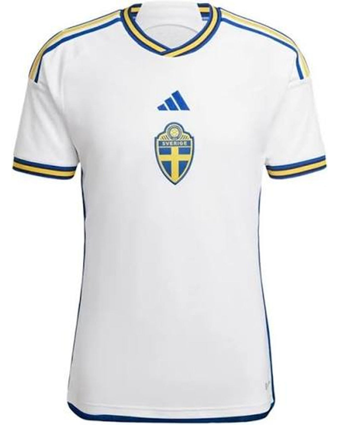 White Swedish Jersey with yelow and bue cuff and collar