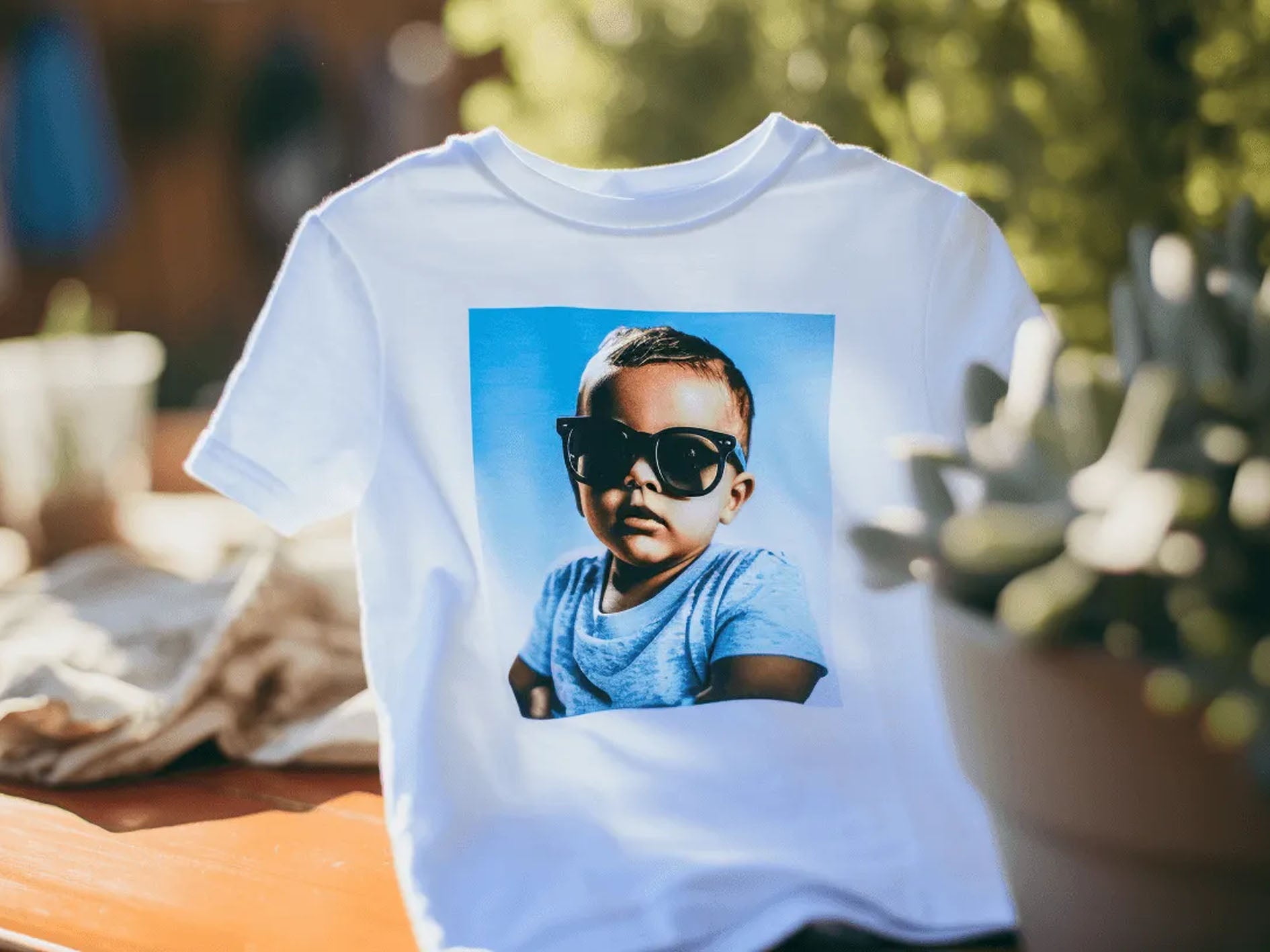 White t-shirt with a graphic of a child wearing sunglasses on a blurred background