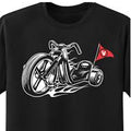 Black t-shirt with a graphic of a motorcycle and red flag on a white background