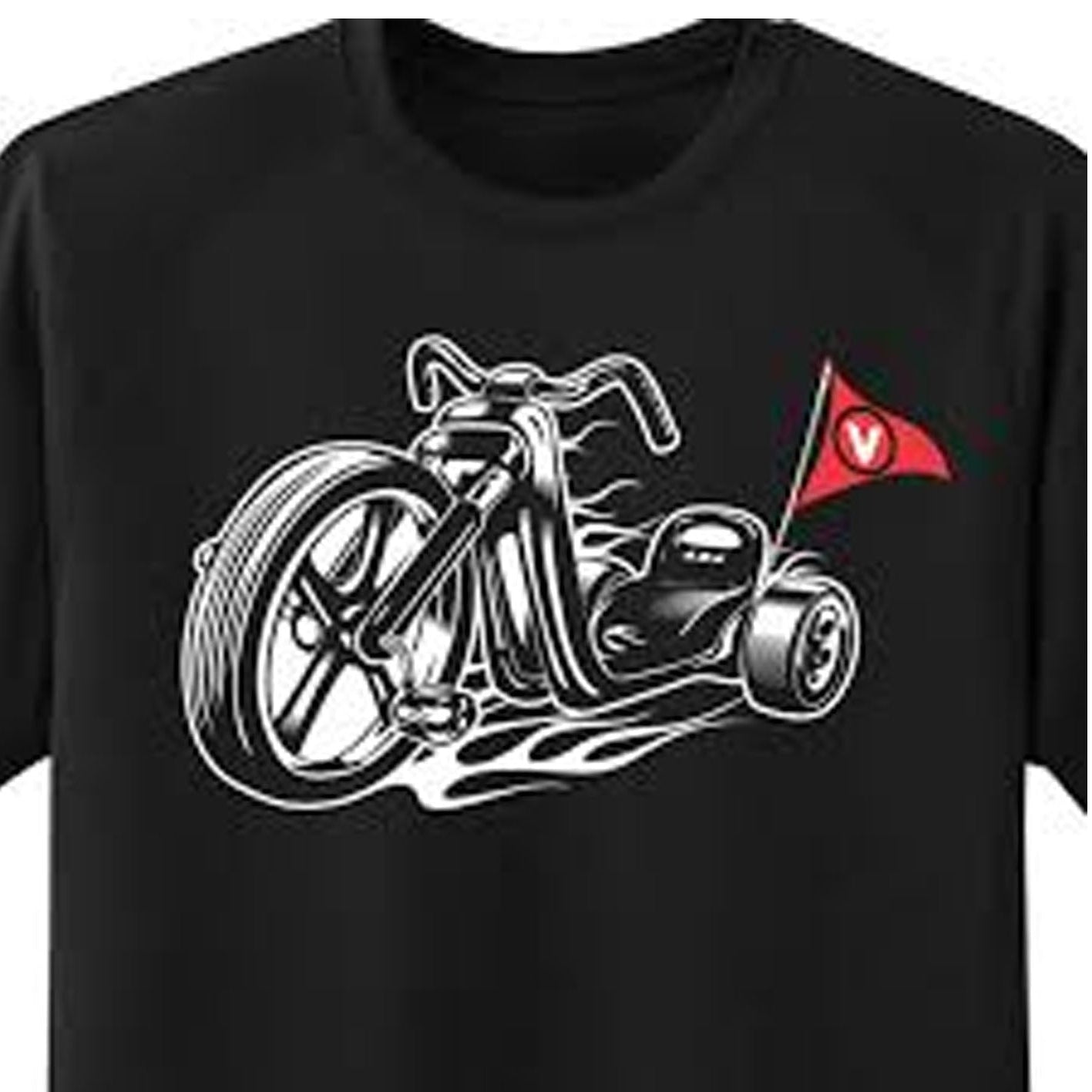 Black t-shirt with a graphic of a motorcycle and red flag on a white background