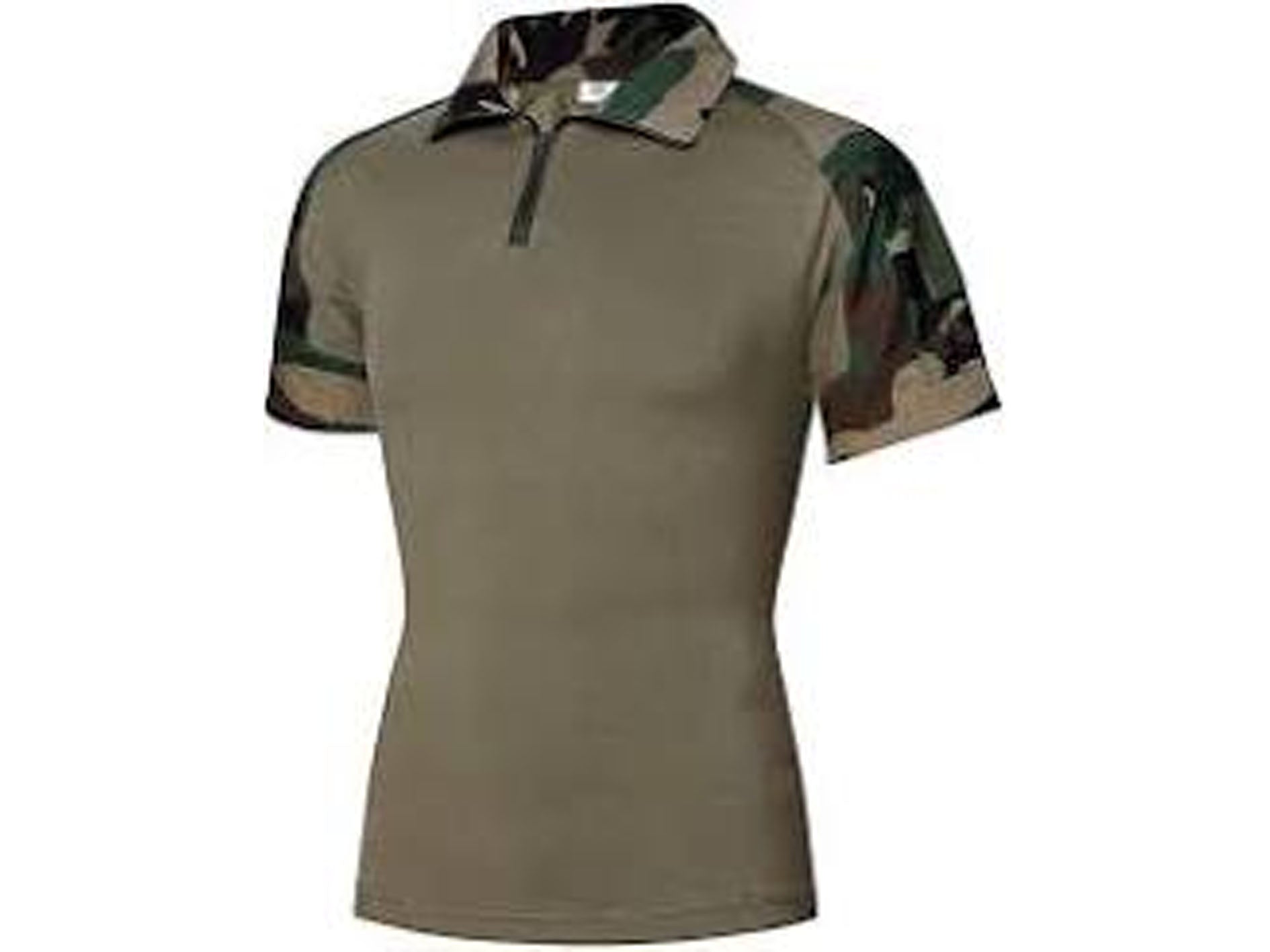 Green polo shirt with camouflage sleeves on a white background