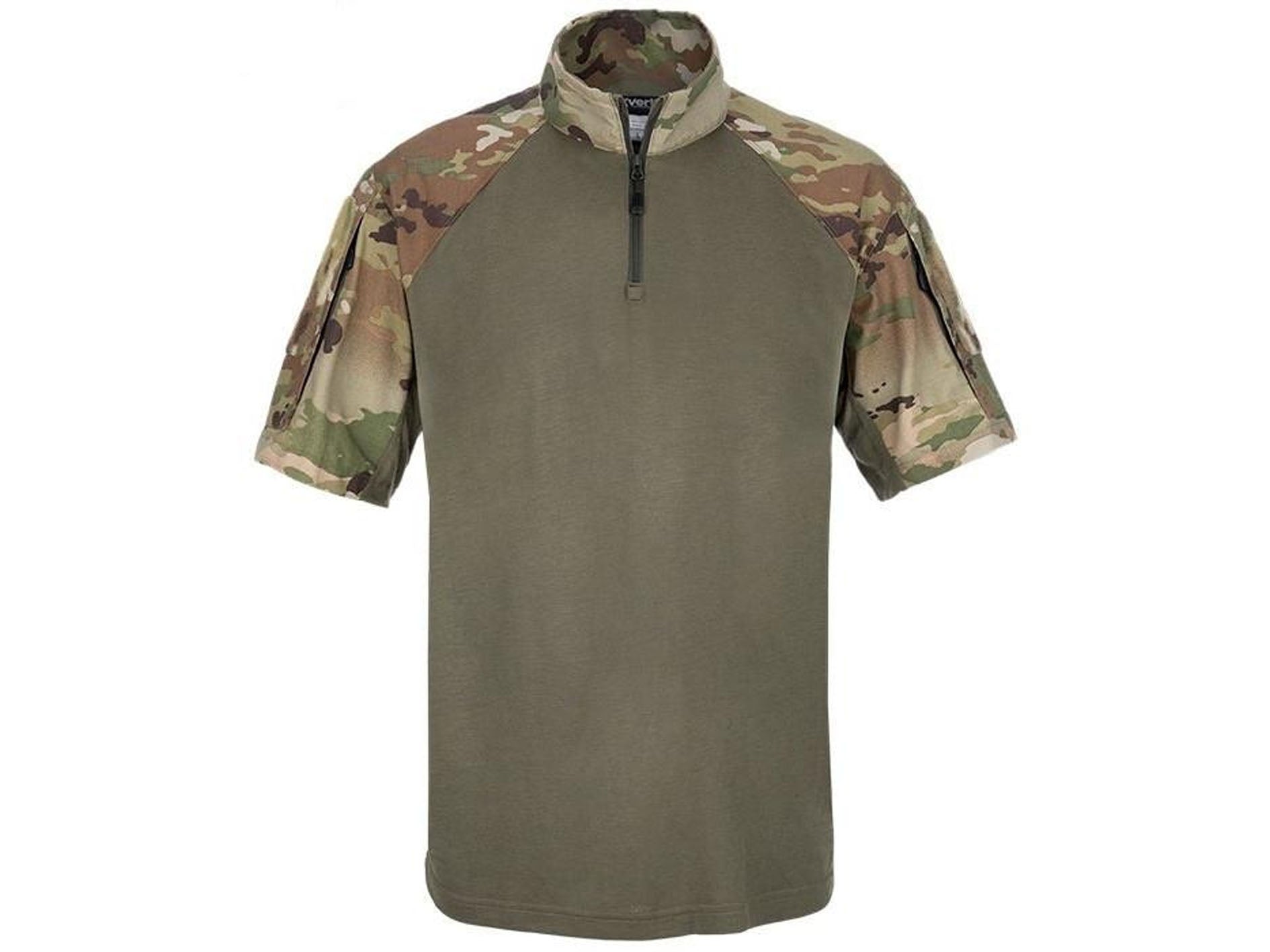 Green tactical shirt with camouflage sleeves on a white background