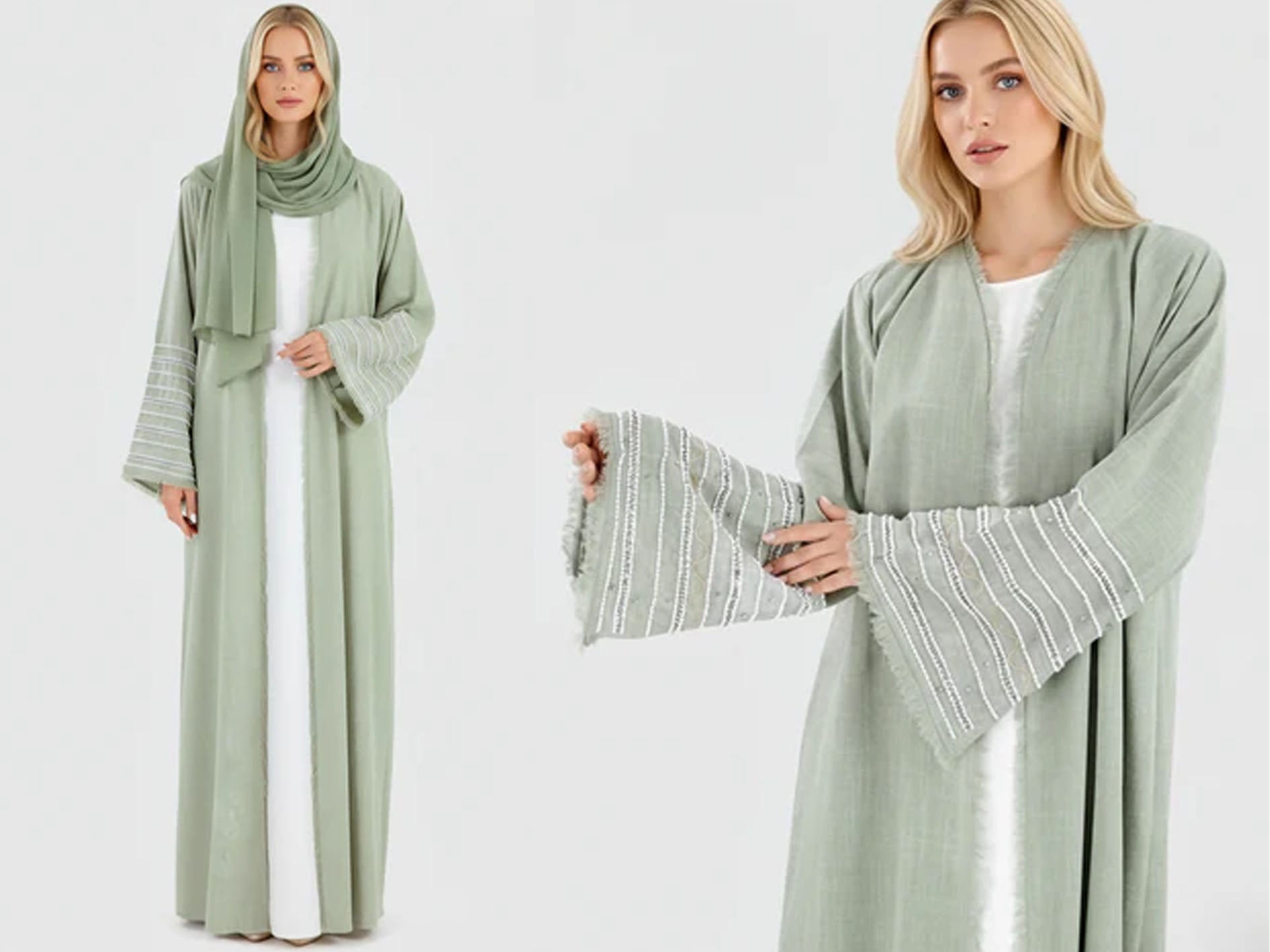 Two women wearing light green abayas with white trim on a white background